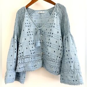 Zara Women Shirt Blouse Embroidery Crochet Eyelet Top Bell Sleeve Tassels Size M